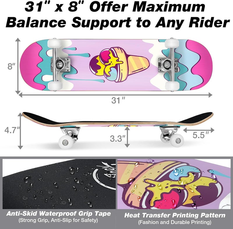 BELEEV Skateboards for Beginners, 31 x 8 inch Complete Skateboard for Kids Teens Adults, 7 Layer Canadian Maple Double Kick Deck Concave Cruiser Trick Skateboard with Multifunction Skate T-Tool - Image 5